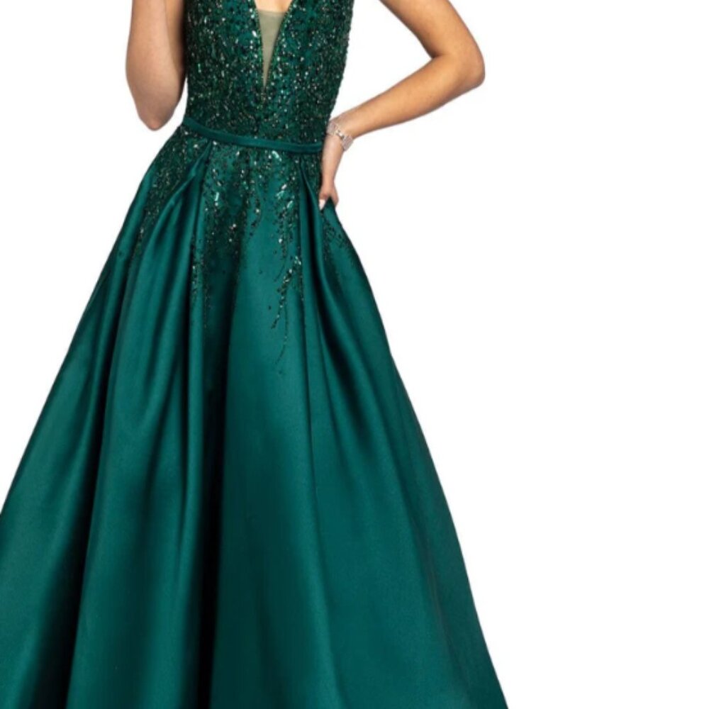 Gold Plunging Beaded Mikado Box Pleated Ballgown Size 10  ( Camille Lavie) - Picture 11 of 12